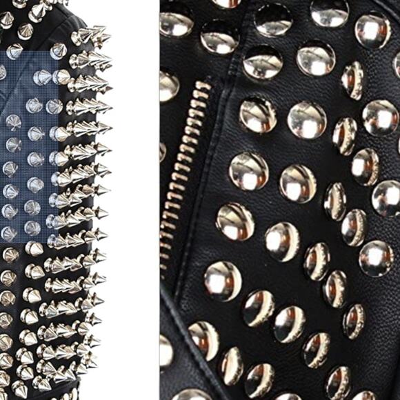 NEW CUSTOM Belted Studded Spike Rivet Moto Cropped Biker Jacket Black Un… - Picture 8 of 13